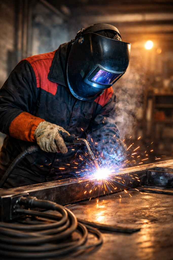 A person wearing full welding gear, including a helmet, gloves, and protective clothing, while working.