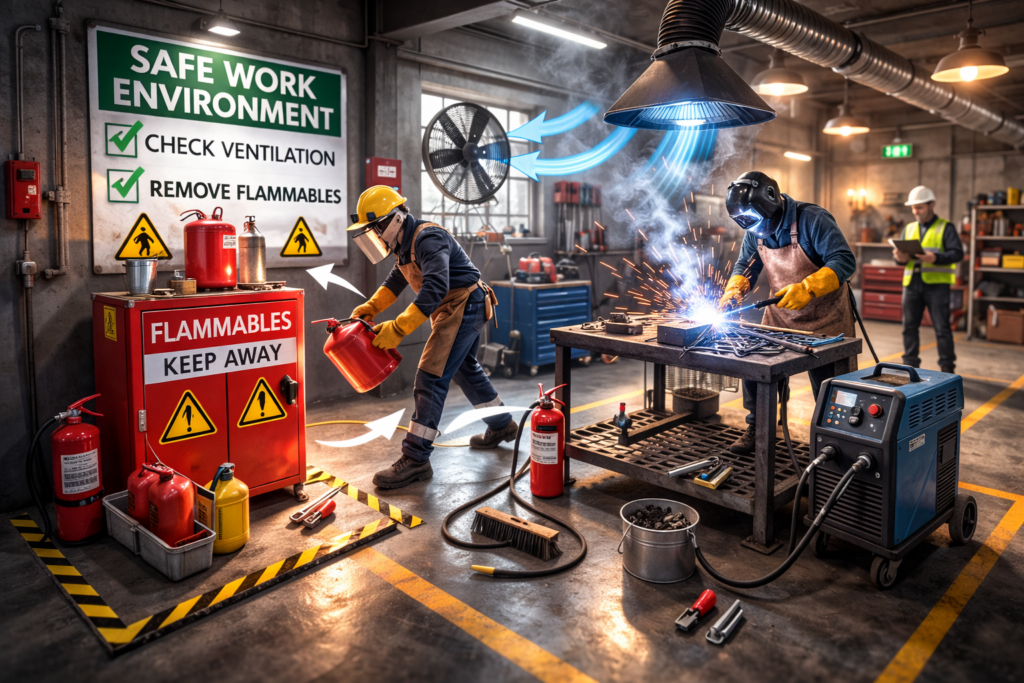 A walkthrough of a welding workshop, showing how to ensure the work environment is safe, such as checking ventilation and moving flammable materials away.