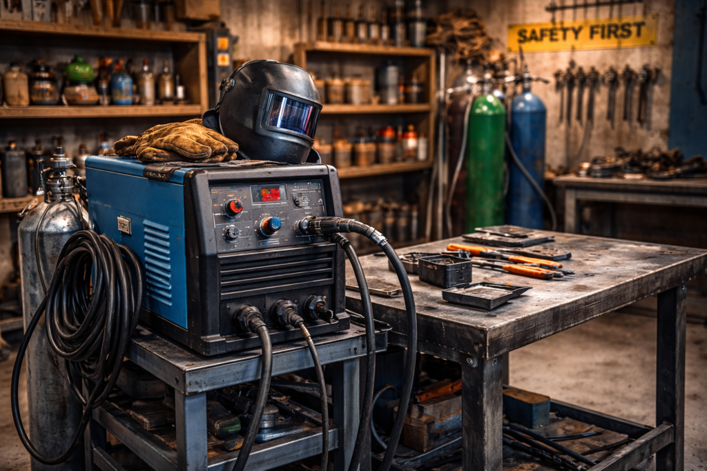 A well-maintained welding machine and equipment displayed in a workshop setting.