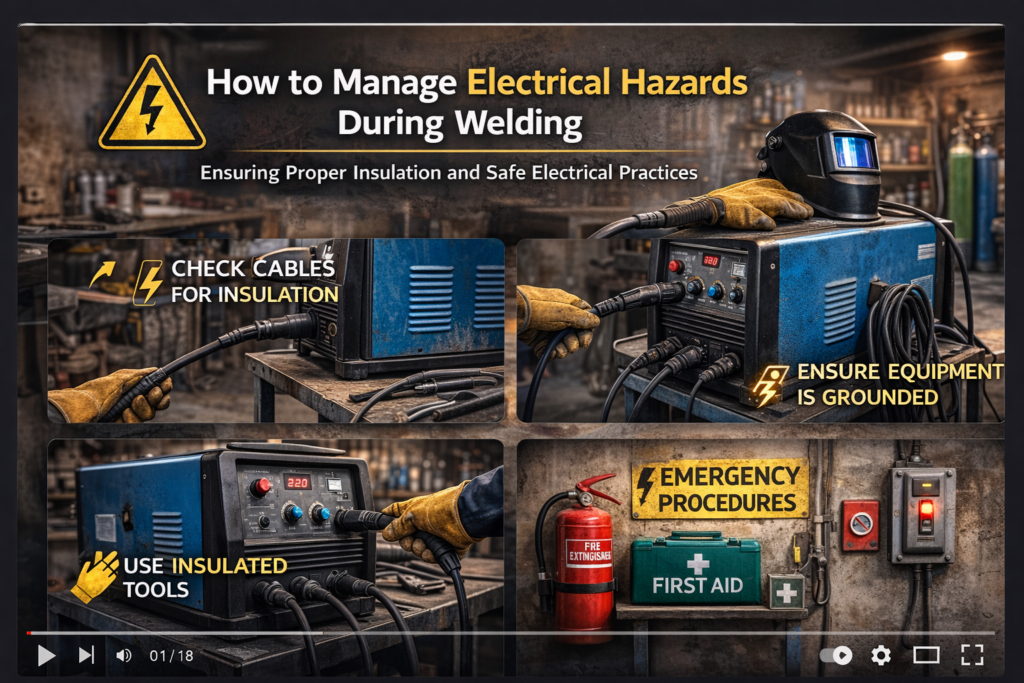 A video explaining how to manage electrical hazards during welding, focusing on ensuring proper insulation and safe electrical practices.