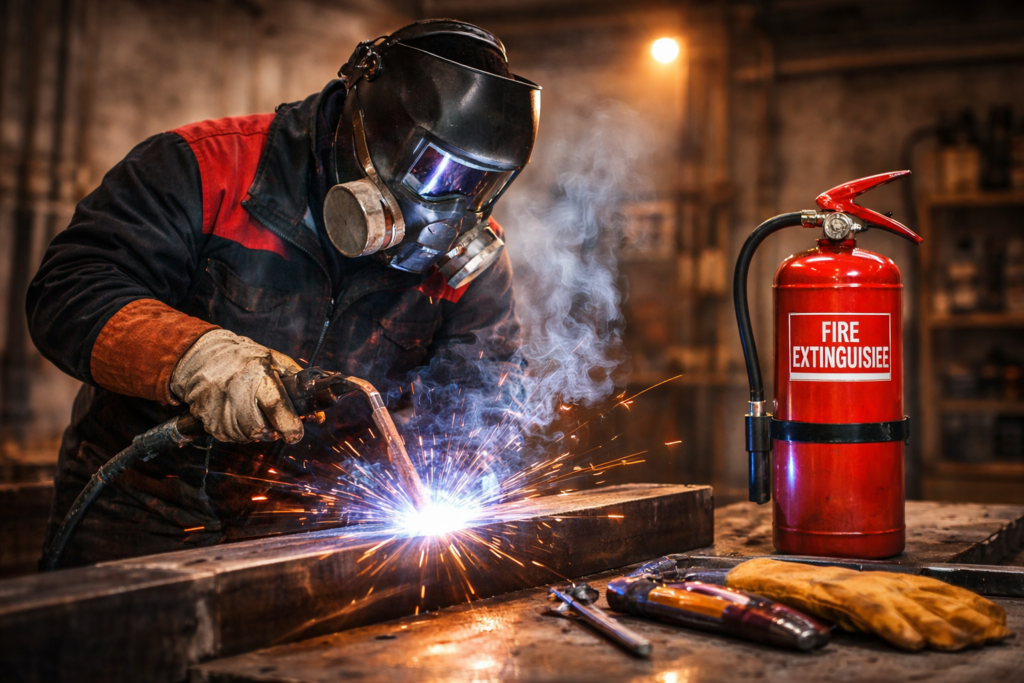 A welder working with a respirator and a fire extinguisher nearby.