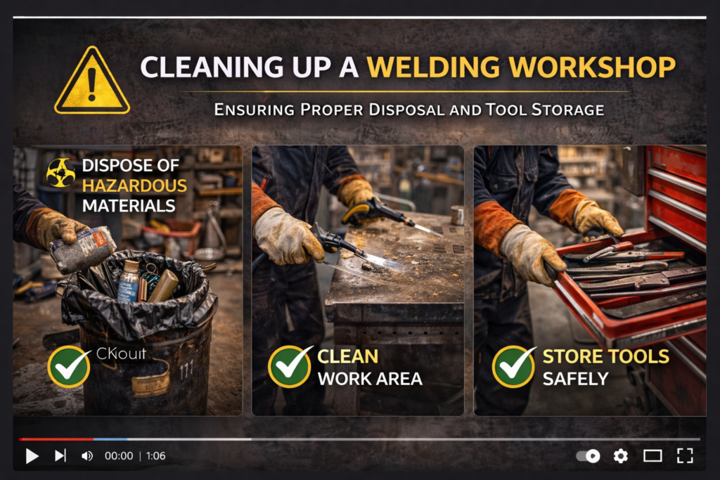 A video demonstrating the process of cleaning up a welding workshop, ensuring the disposal of hazardous materials and the safe storage of tools.